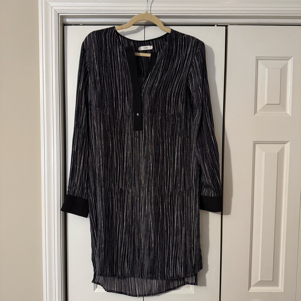 Vince Elegant 100% Silk Black and White Striped Shirt Dress, Size Small